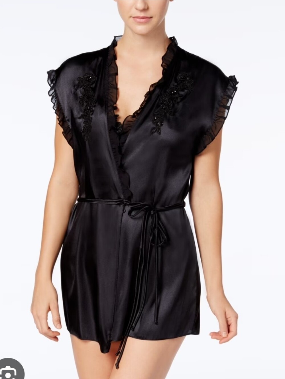 Linea Donatella Black Satin Short Wrap Chemise Ruffle Sleeve Floral Embroidered